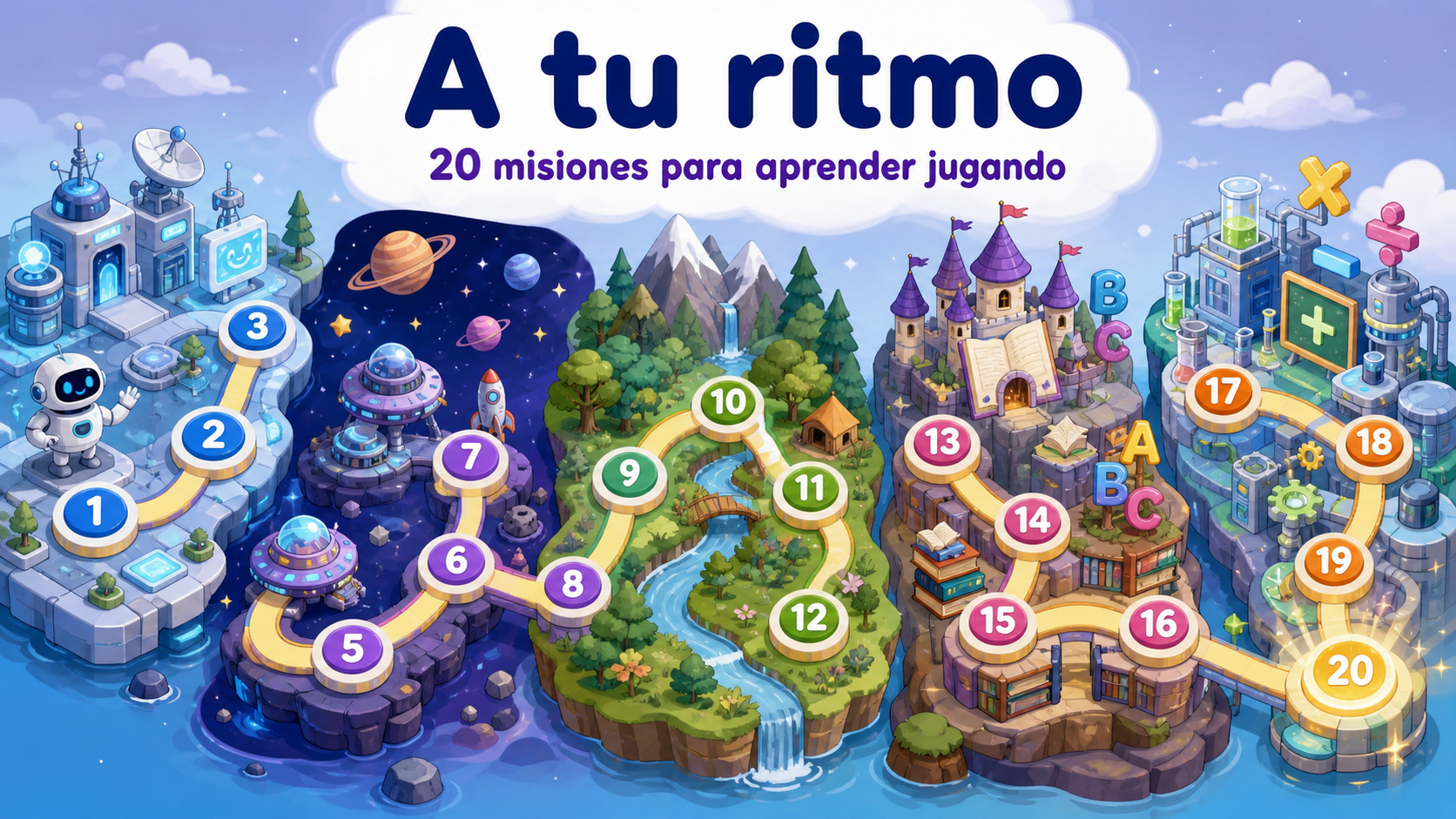 Mapa ilustrado con veinte misiones entre robots, espacio, bosque y castillos